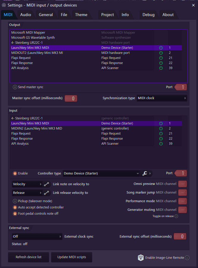 A screenshot of FL Studio's MIDI Settings, showing the script correctly loaded